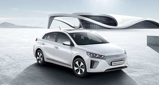 Side front view of white Ioniq electric